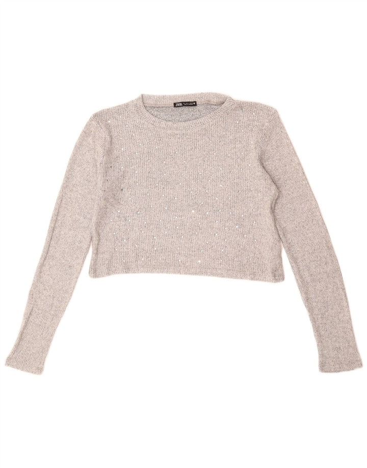 ZARA Womens Crop Knit Top Long Sleeve UK 14 Large Grey Viscose