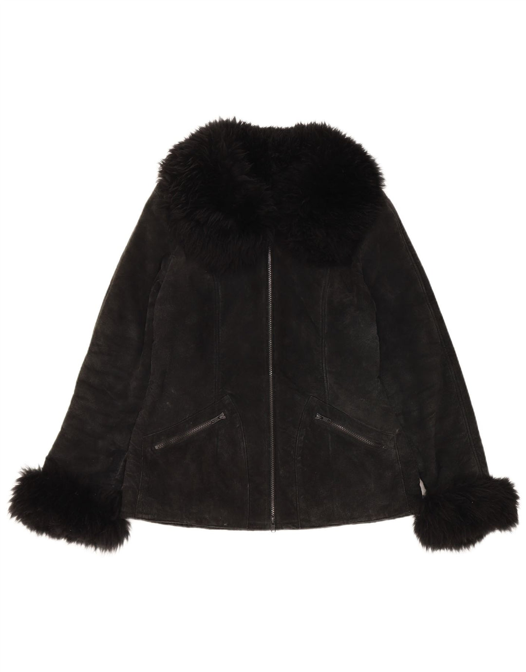 Vintage Sherpa ruskindsjakke til kvinder UK 10 Lille sort læder