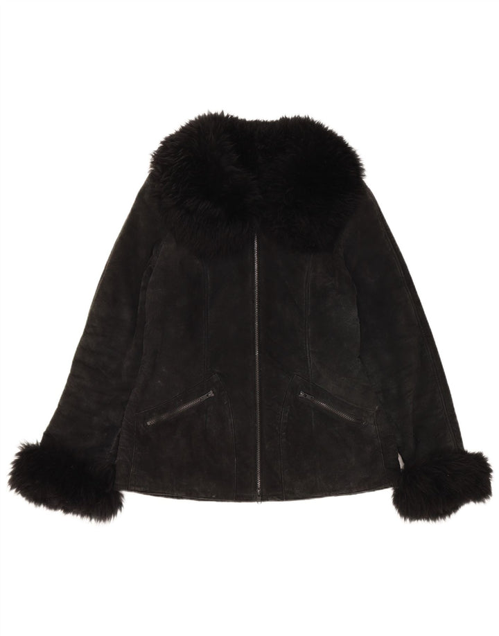 Vintage Sherpa ruskindsjakke til kvinder UK 10 Lille sort læder