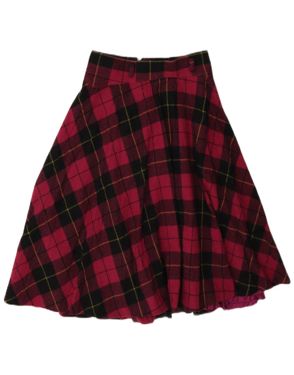 Vintage kvinders højtaljede flared nederdel W26 Small Bourgogne Plaid Viscose