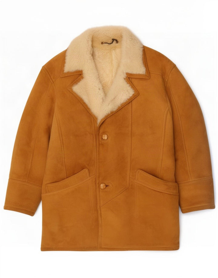 Vintage Herre Shearling Overfrakke IT 48 Medium Beige Læder