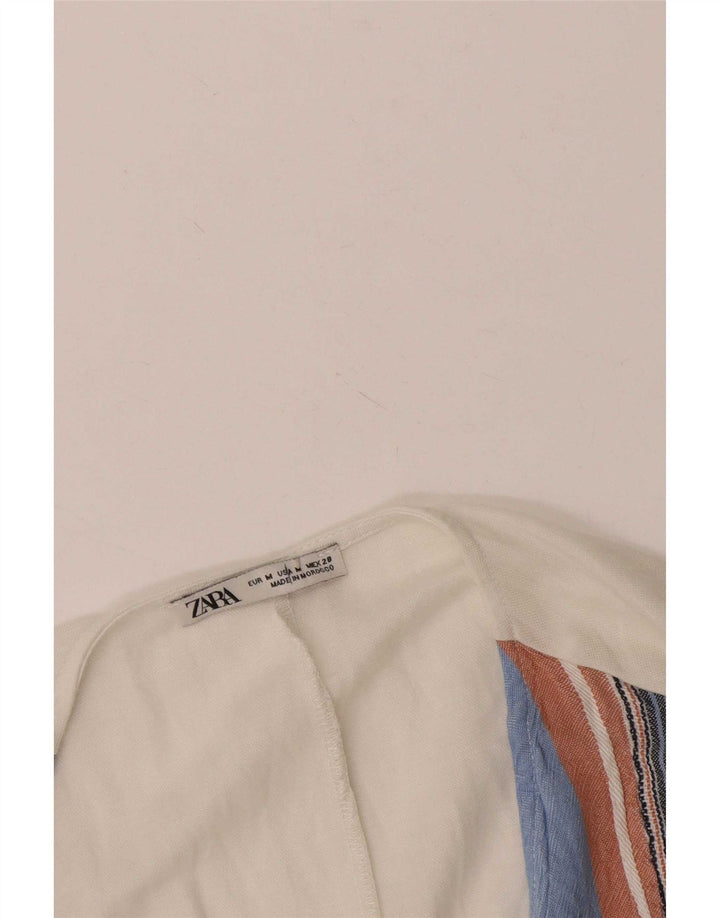 Zara Womens Front Tie Bluse Top UK 14 Mellem hvid stribet