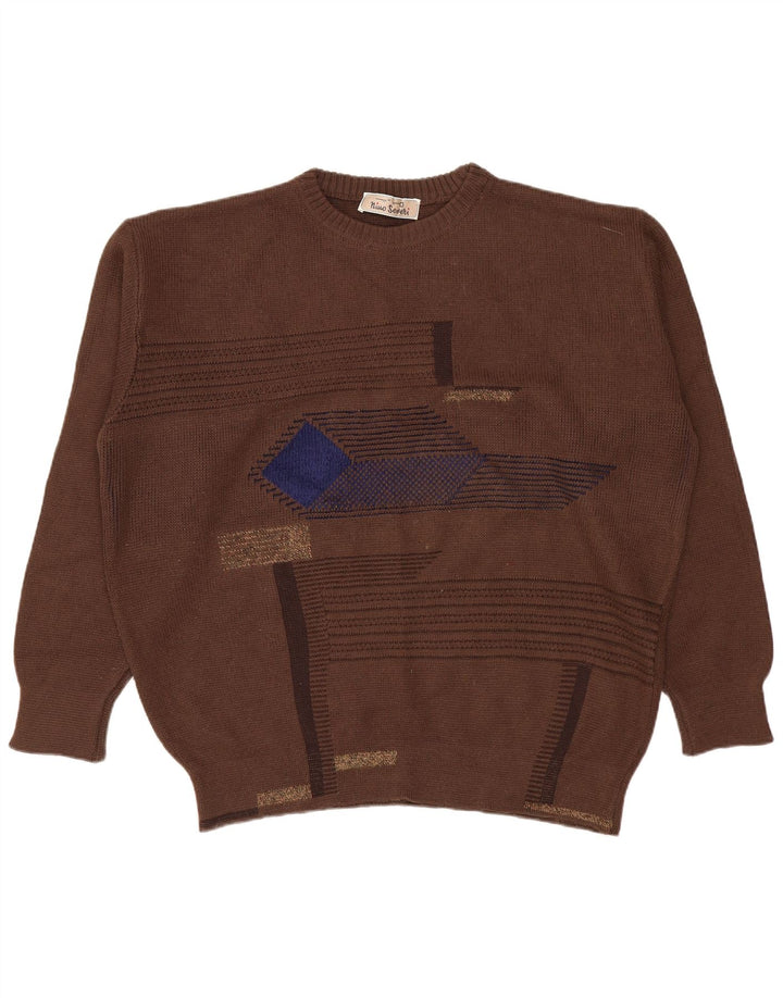 Vintage herre rund hals sweater stor brun geometrisk