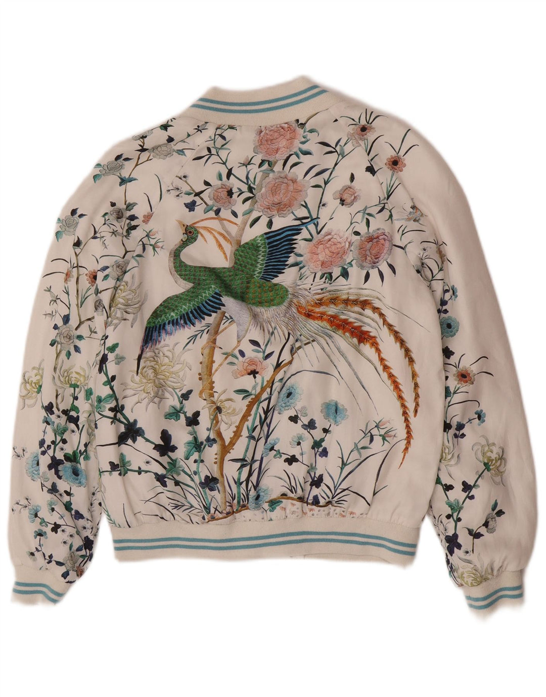 Zara Graphic Bomber Jacket UK 6 XS hvid blomstret polyester