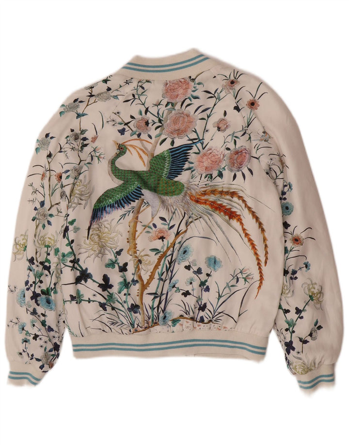 Zara Graphic Bomber Jacket UK 6 XS hvid blomstret polyester