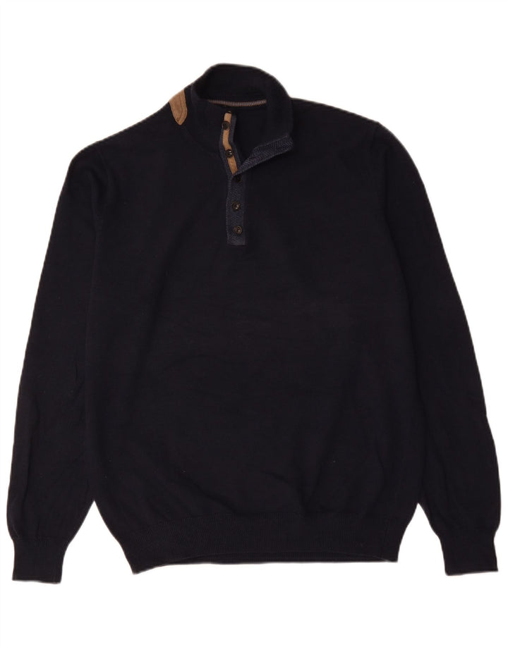 Massimo Dutti Herre Button Neck Jumper Sweater Stor Marineblå Bomuld