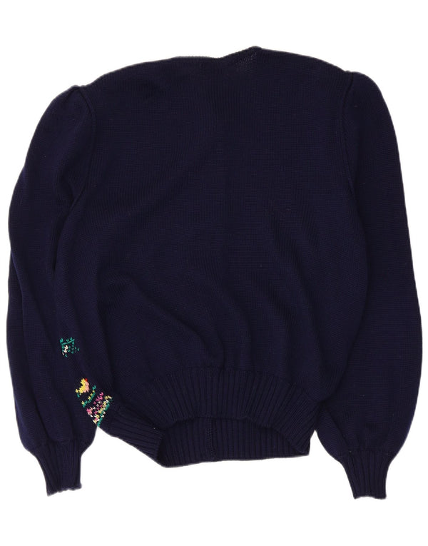 Vintage Dame grafisk cardigan sweater IT 46 Large Navy Blue Virgin Wool