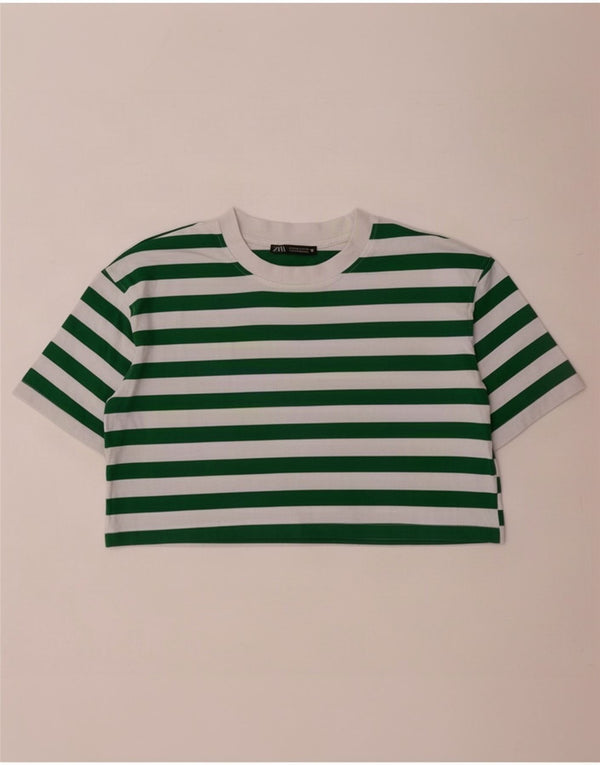 Zara Womens Crop T-Shirt Top UK 10 Lille grøn stribet bomuld