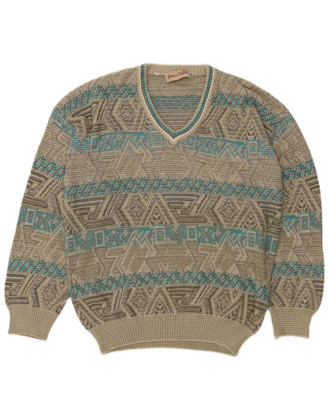 James Dillon Herre V-hals Jumper Sweater Stor Khaki Geometrisk Akryl