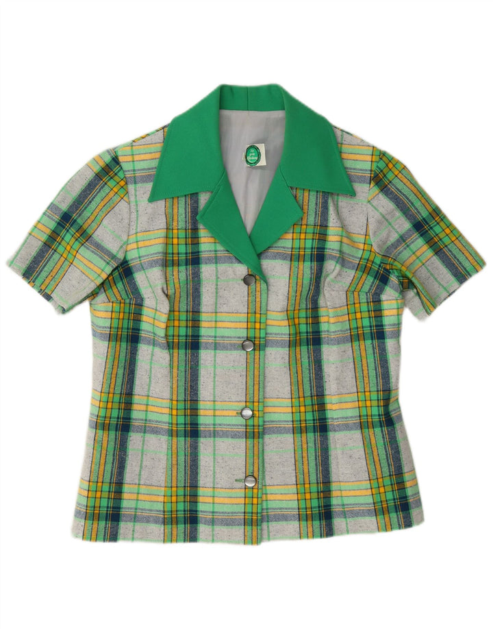 Vintage kortærmet skjortebluse til kvinder IT 40 Lille grøn ternet polyester
