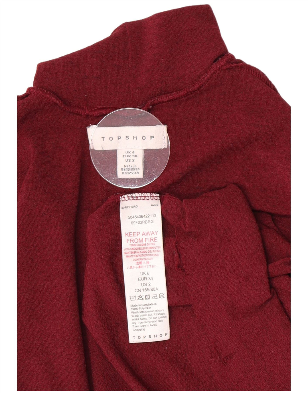 Topshop Dame Se Through Crop Top Langærmet UK 6 XS Maroon Polyester