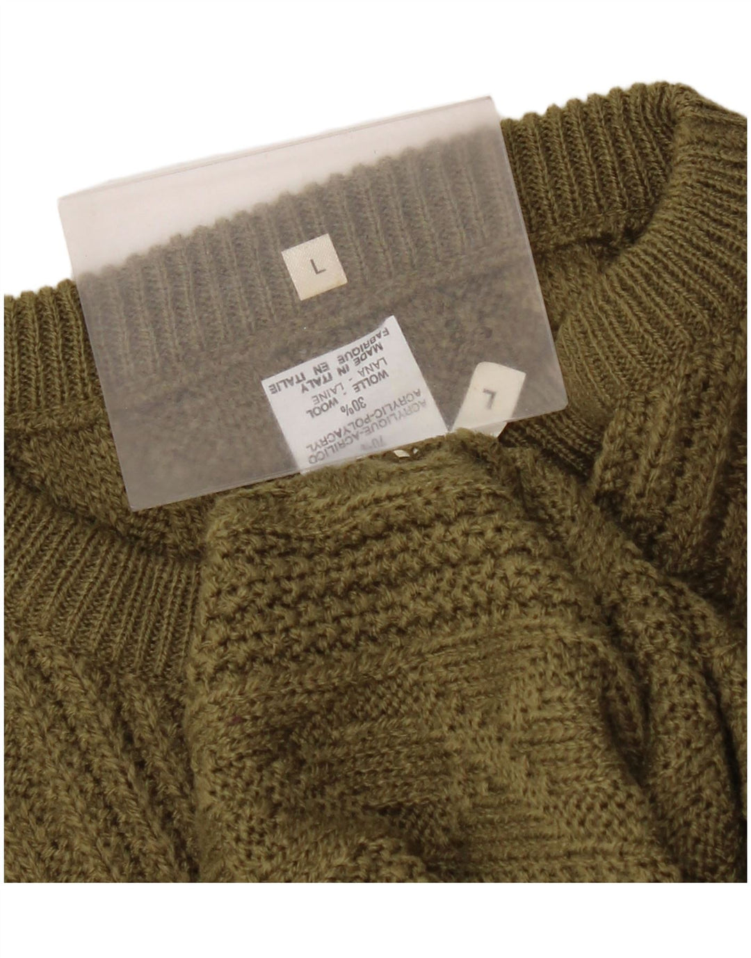 Vintage Herre Crew Neck Jumper Sweater Stor Khaki Akryl