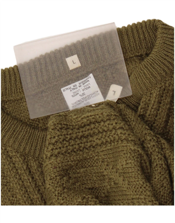 Vintage Herre Crew Neck Jumper Sweater Stor Khaki Akryl