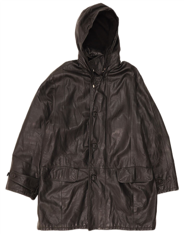 Vintage herre hætte læder frakke IT 52 XL sort læder