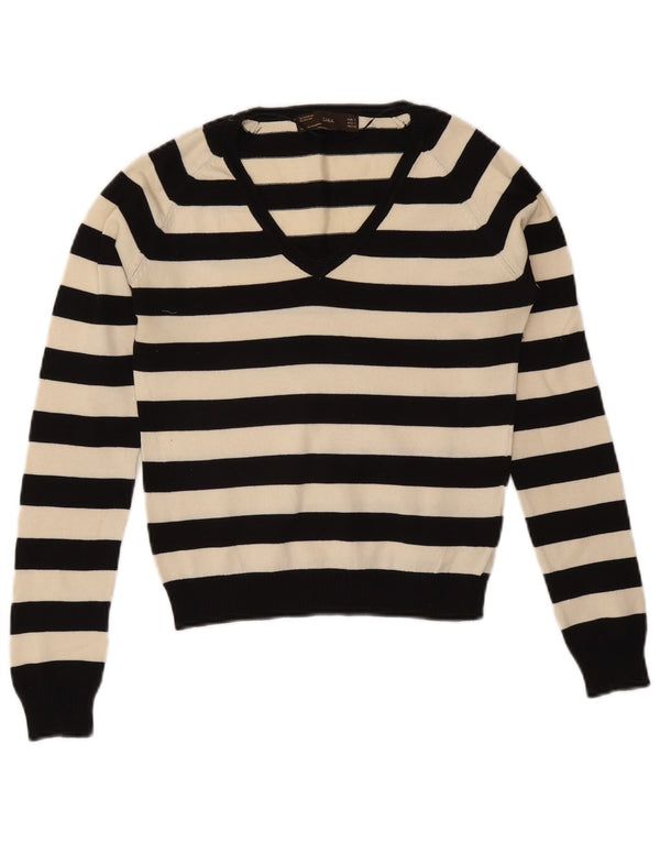 Zara Dame V-hals sweater UK 8 Lille sort stribet bomuld