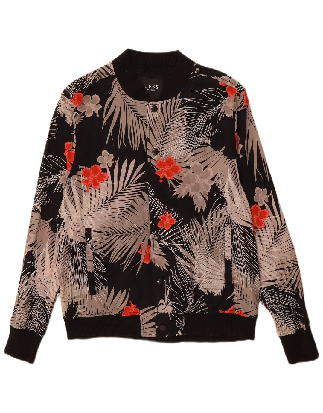 GUESS Mens Bomber Jacket UK 38 Medium Black Floral Cotton