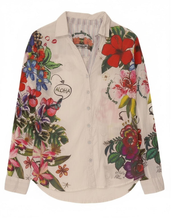 Desigual Dame grafisk skjorte bluse UK 10 Small White Floral Bomuld