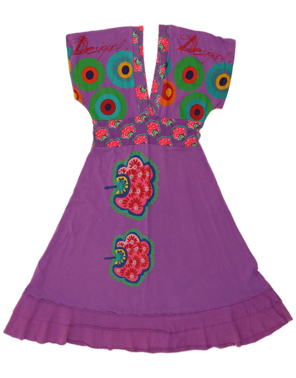 Desigual Kvinders Grafisk Batwing Empire Kjole UK 12 Medium Lilla Bomuld