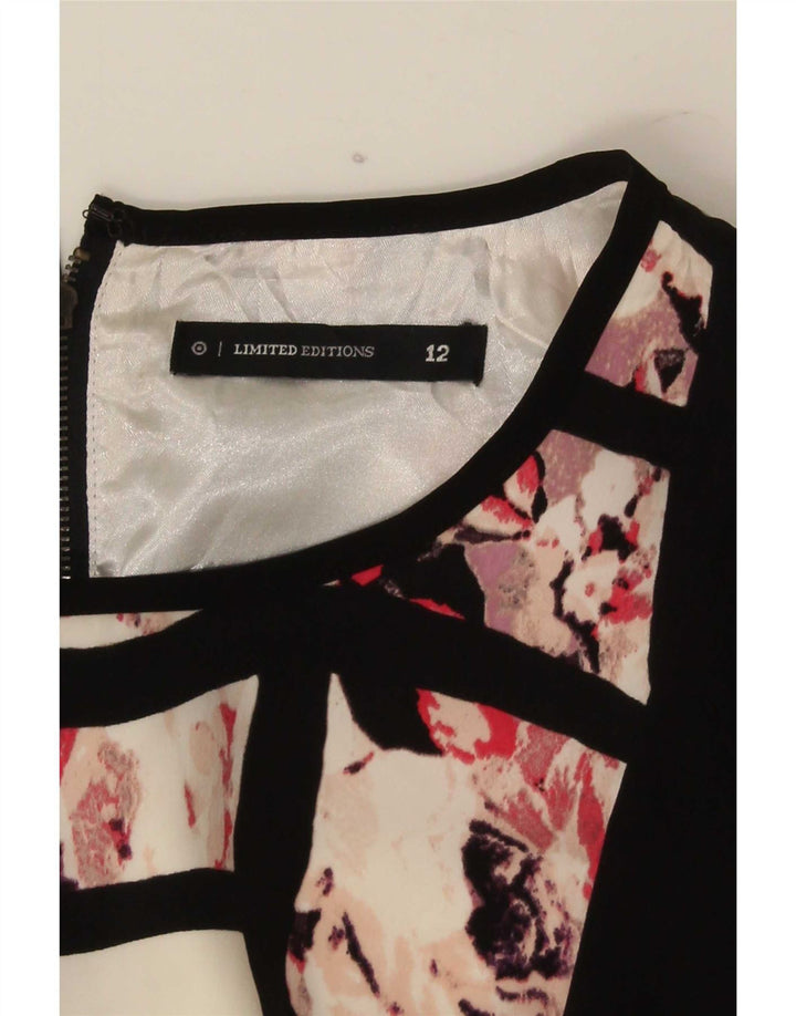Vintage Dame 3/4 ærmer Shift Dress UK 12 Medium Black Floral