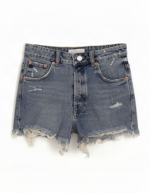 Zara Womens Distressed Denim Shorts EU 34 2XS W24 Blå Bomuld