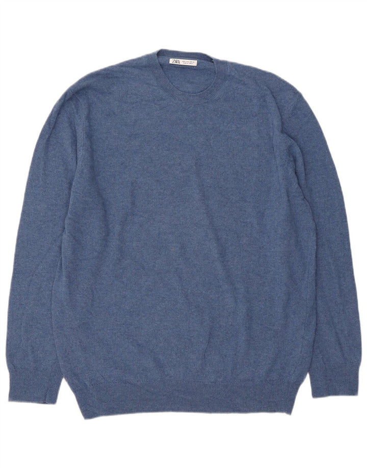 Zara Herre Crew Neck Jumper Sweater Stor Blå Polyamid