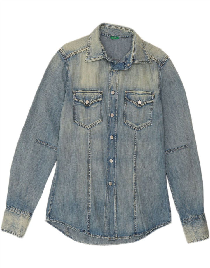 BENETTON Herre Acid Wash Denim Shirt Medium Blue Cotton
