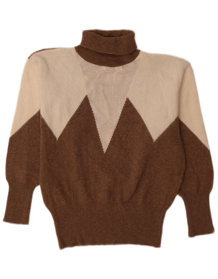 Vintage Dame Roll Neck Jumper Sweater UK 14 Medium Brown Colourblock Uld
