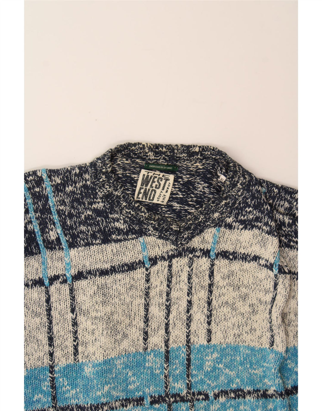 WEST END Mens V-Neck Jumper Sweater XL Blue Check Ramie Vintage West End and Second-Hand West End from Messina Hembry 