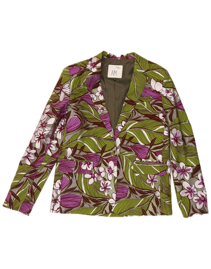 Vintage Dame 1 Knap Blazer Jakke IT 42 Medium Grøn Blomster Bomuld