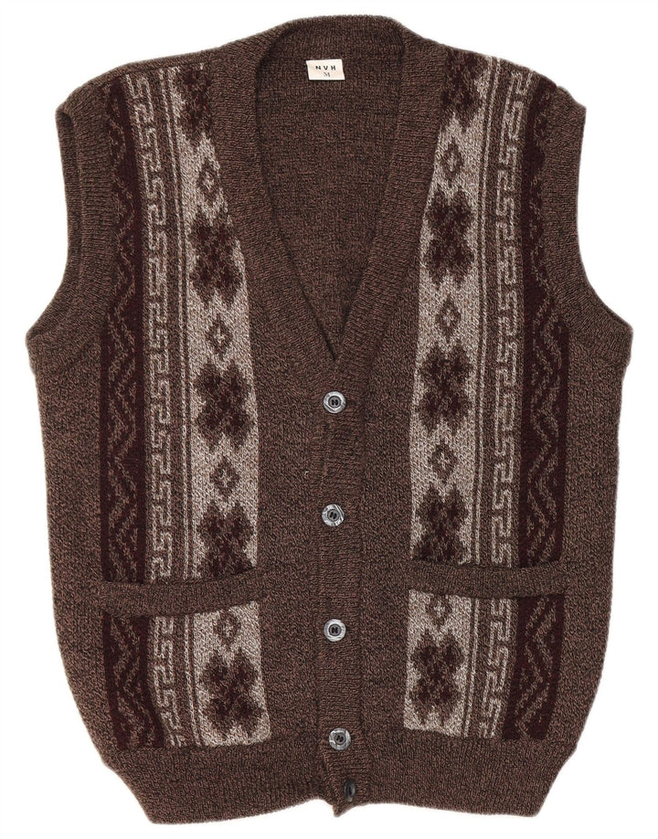 VINTAGE Herre ærmeløs cardigan sweater Medium Brown Fair Isle