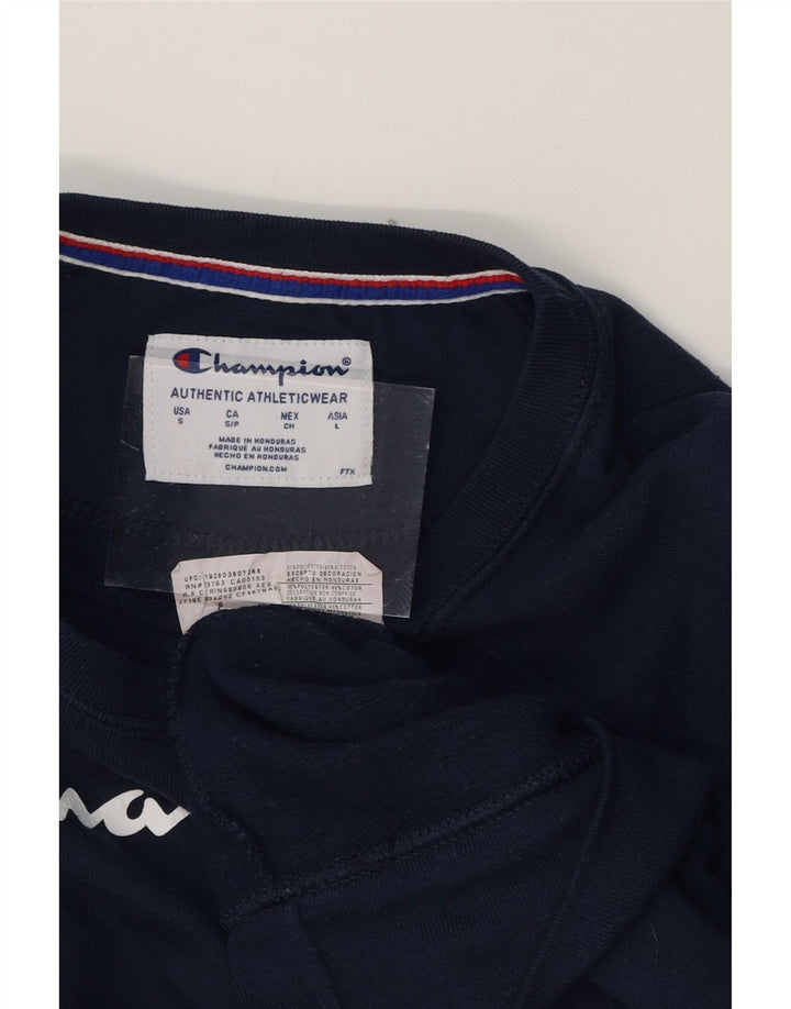 CHAMPION Mens Graphic Sweatshirt Jumper Small Navy Blue Polyester Vintage Champion and Second-Hand Champion from Messina Hembry 