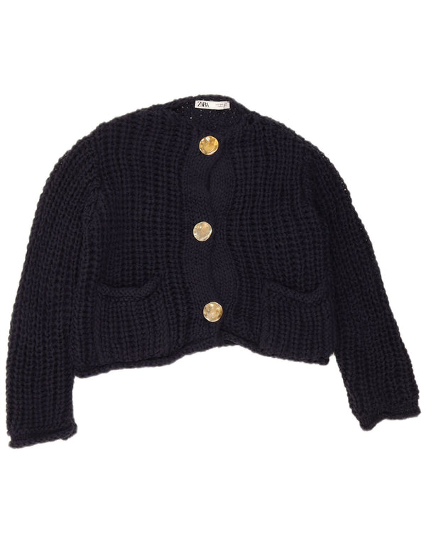 Zara Dame Oversized Crop Hæklet Cardigan Sweater UK 10 Small Navy Blue
