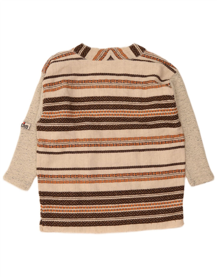 Vintage Herre 3/4 ærmer Button Neck Jumper Sweater Medium Beige stribet