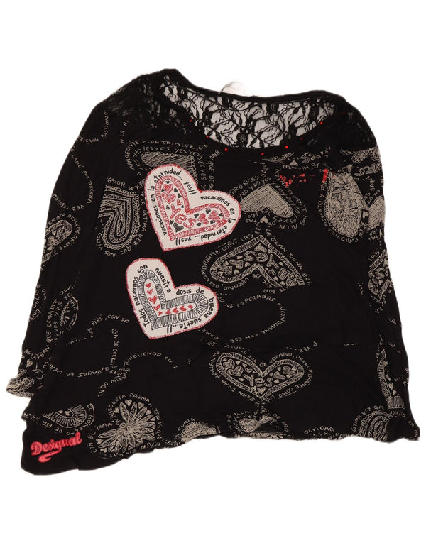 Desigual Dame Grafisk Bluse Top UK 12 Medium Sort Geometrisk Hjerte