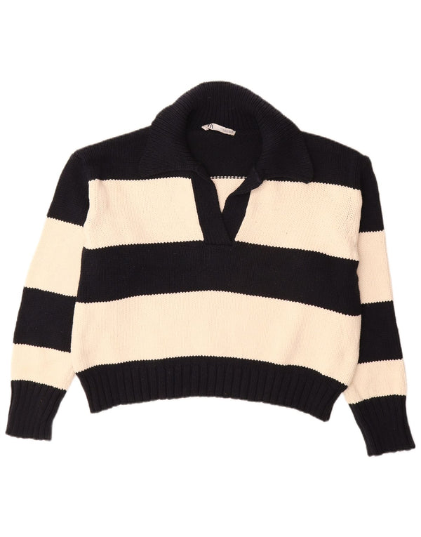 ZARA Womens Oversized Polo Neck Jumper Sweater UK 14 Medium Black Striped