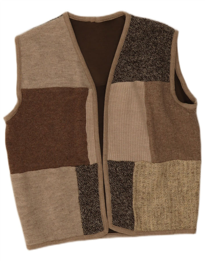 Vintage dame ærmeløs åben cardigan sweater UK 16 Large Beige Patchwork