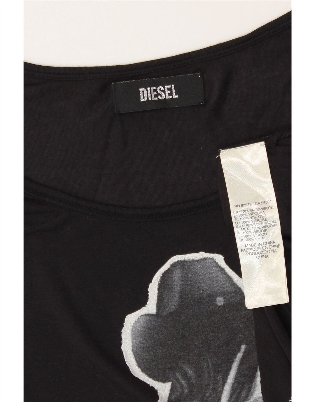 Diesel Dame Grafisk T-Shirt Top UK 16 Stor Sort Viscose