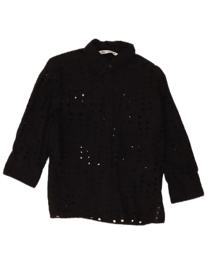Zara skjortebluse med 3/4 ærmer til kvinder UK 14 Medium Sort bomuld