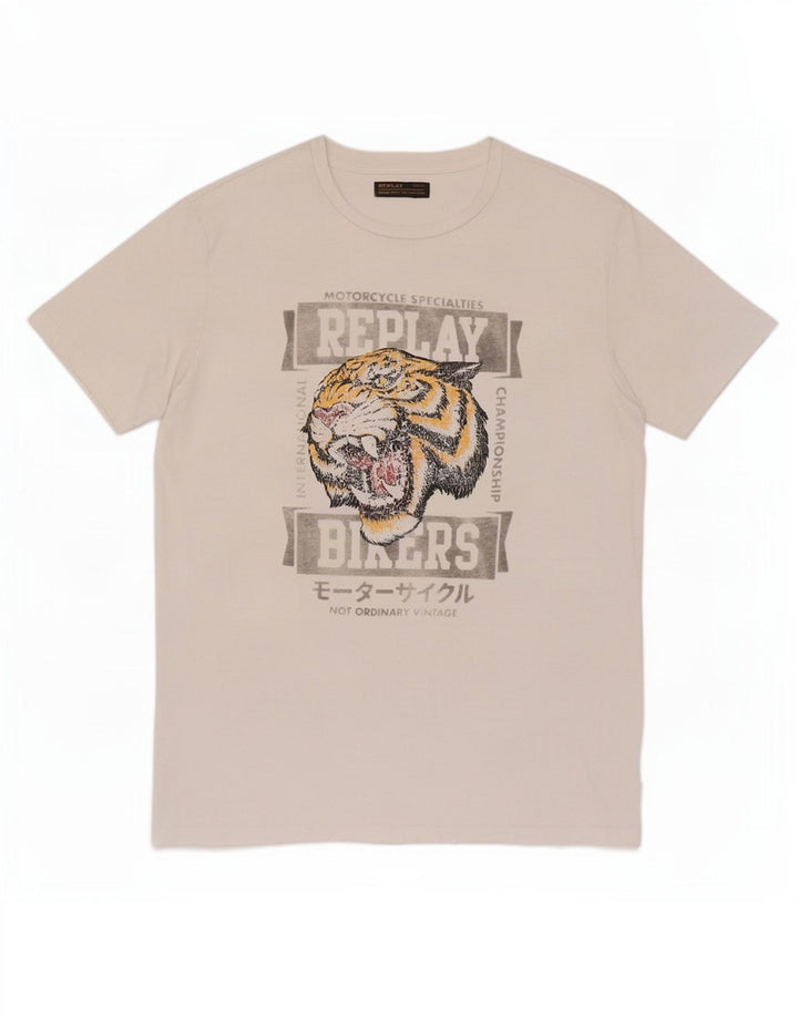 Replay Herre Grafisk T-Shirt Top Medium Hvid Bomuld