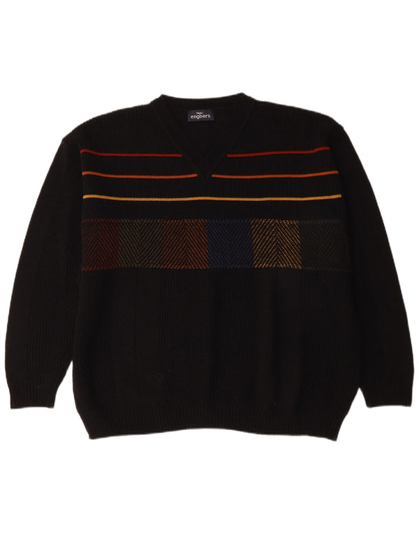 Engbers Herre V-hals sweater EU 54 XL Sort Stribet Uld