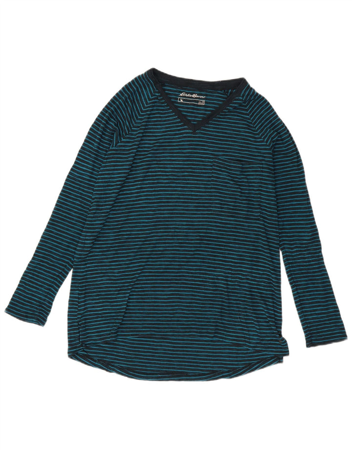 EDDIE BAUER Dametop Langærmet UK 14 Mellemblå stribet polyester