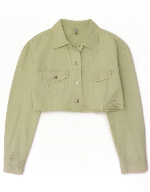 Zara Dame Distressed Crop Denim Jacket UK 10 Small Green