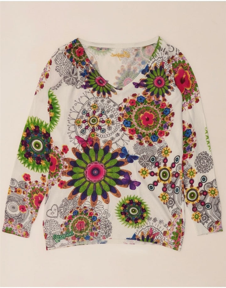 Desigual Dame V-hals Jumper Sweater UK 14 Medium Multicolored Floral