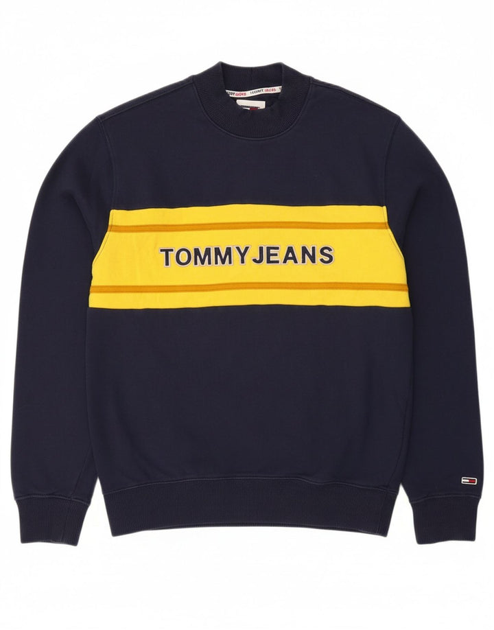 TOMMY HILFIGER Mens Graphic Sweatshirt Jumper Small Navy Blue Colourblock Vintage Tommy Hilfiger and Second-Hand Tommy Hilfiger from Messina Hembry 