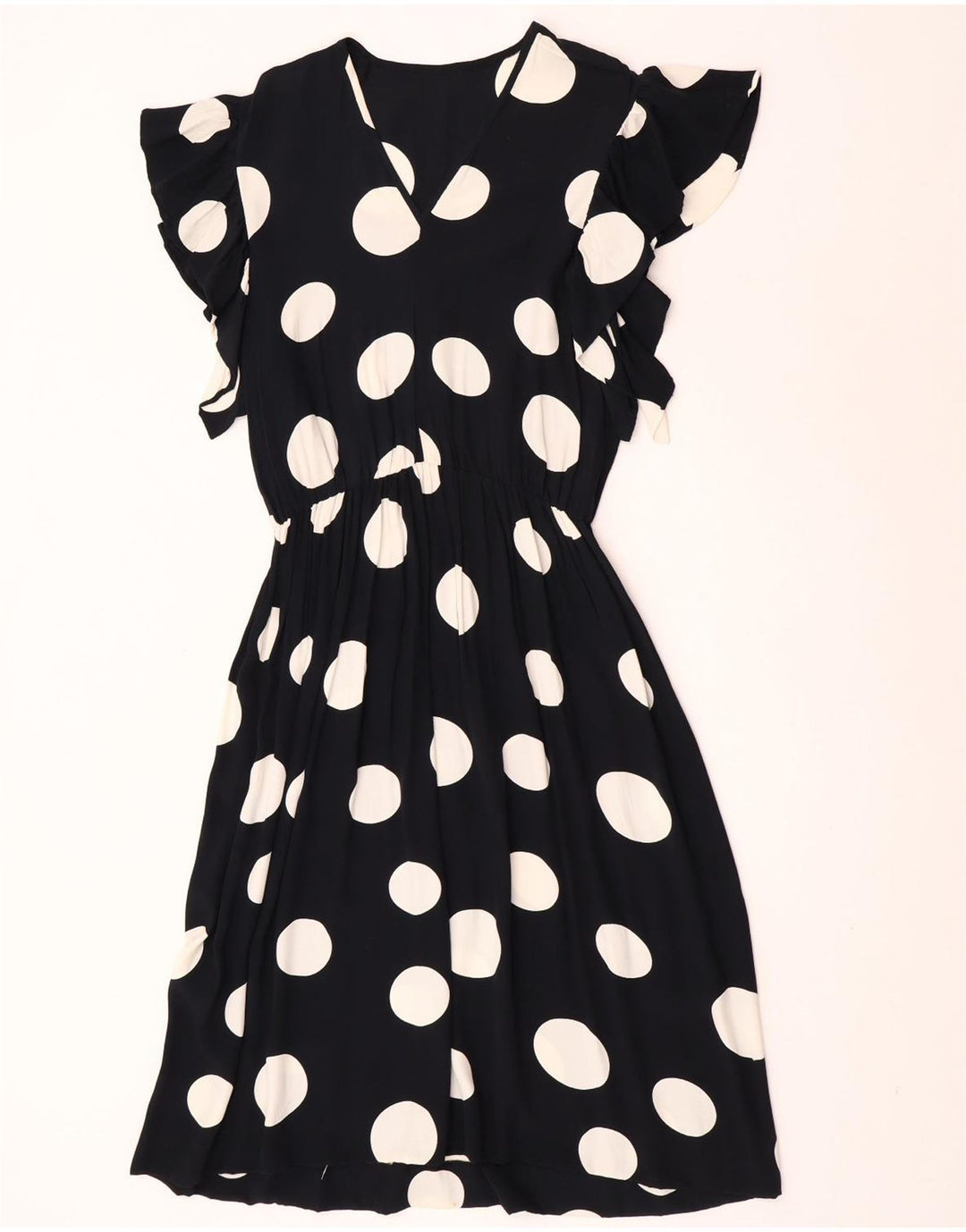 Vintage Dame A-Line Kjole UK 12 Medium Black Polka Dot