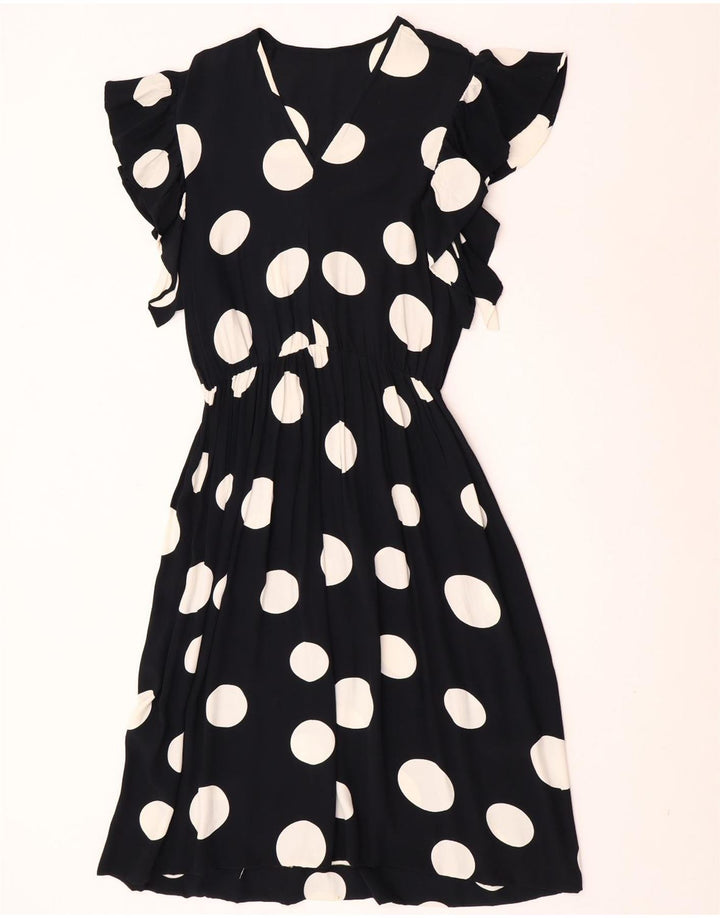 Vintage Dame A-Line Kjole UK 12 Medium Black Polka Dot