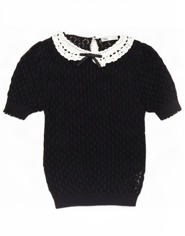 Zara Womens Short Sleeve Boat Neck Jumper Sweater UK 14 Medium Navy Blue