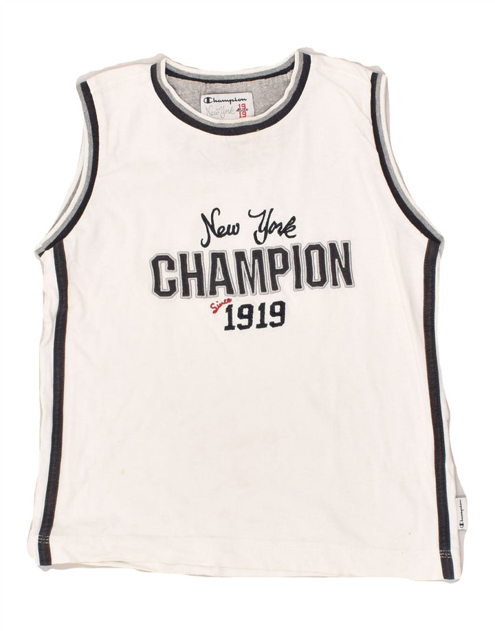 CHAMPION Boys Graphic Vest Top 7-8 Years Small White Cotton | Vintage Champion | Thrift | Second-Hand Champion | Used Clothing | Messina Hembry 