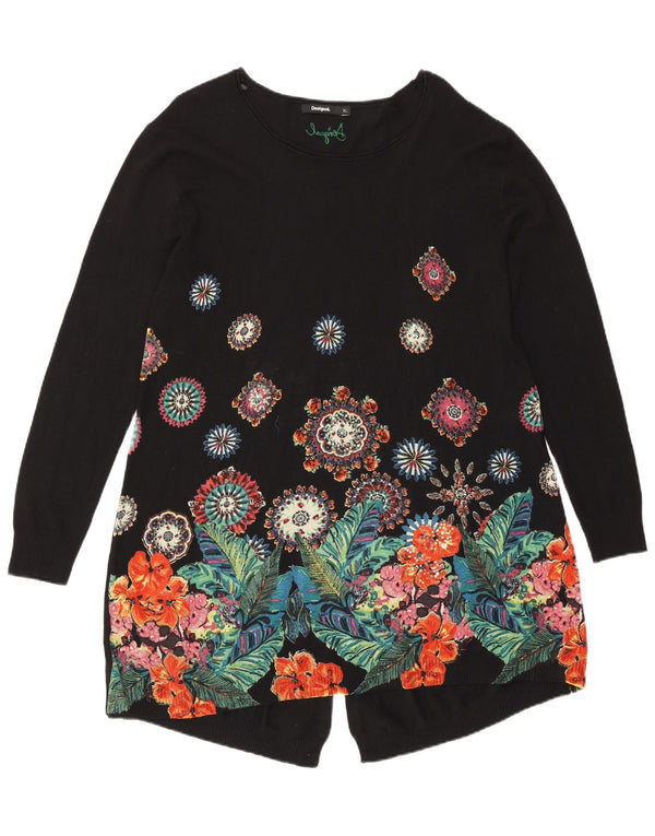 Desigual Womens Longline Boat Neck Jumper Sweater UK 18 XL Black Floral