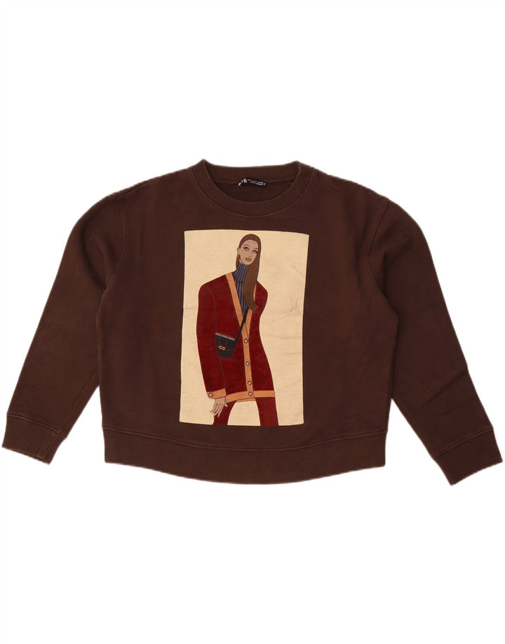 Zara Womens Crop Graphic Oversized Sweatshirt Jumper UK 10 Small Brown